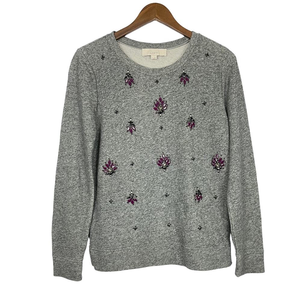 LOFT Gray Knit Jeweled Embellished Glitz Glam Fancy Cute Long sleeve Sweater